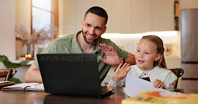 Buy stock photo Laptop, video call and education with father and child for online class, support and school. Elearning, knowledge and streaming with man and girl in family home for academic tutor and studying
