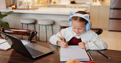 Buy stock photo Laptop, writing and education with child in kitchen for online class, streaming and school. Elearning, knowledge and technology with girl in family home for academic tutor, growth and studying
