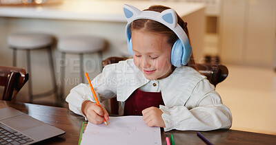 Buy stock photo Laptop, writing and studying with child in kitchen for online class, streaming and school. Elearning, knowledge and technology with girl in family home for academic tutor, growth and education