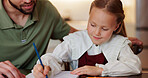 Education, writing and homework with father and child for teaching, support and school project. Learning, knowledge and growth with man and girl in family home for academic tutor and studying