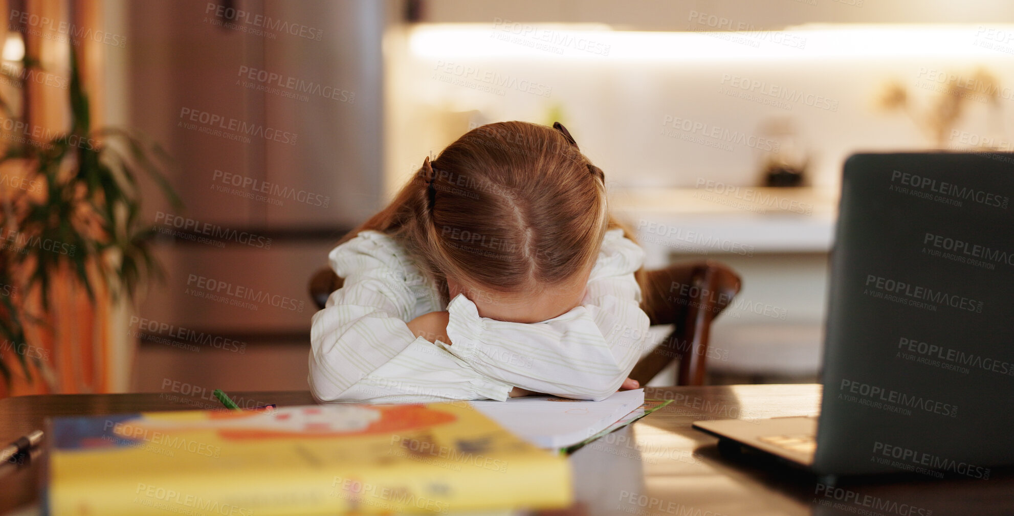 Buy stock photo Homework, tired and girl with laptop, sleeping and exhausted with education. Apartment, student and rest at desk, computer and overworked with fatigue, pressure and tension with burnout in lounge