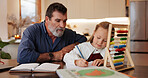 Teaching, writing and homework with grandfather and child for education, support and school project. Learning, knowledge and notebook with senior man and girl in family home for academic tutor
