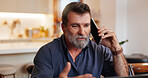 Home, phone call and mature man talking to contact for communication, advice or insurance offer. Mobile, conversation and person in living room for connection, story or listening to news for feedback