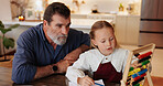 Teaching, math and homework with grandfather and child for education, support and school project. Learning, knowledge and achievement with senior man and girl in family home for academic tutor
