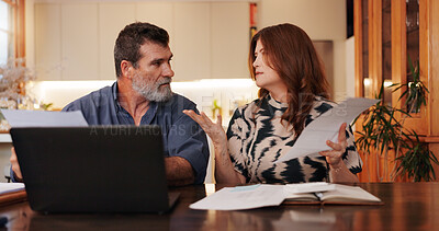 Buy stock photo Home, laptop and mature couple with documents, budget and conversation in living room. Apartment, senior man and woman with computer, paperwork and retirement fund with mortgage, stress and internet