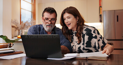 Buy stock photo House, laptop and mature couple with documents, budget and savings or planning. Apartment, senior man and woman with computer, paperwork and retirement fund with mortgage, discussion and internet