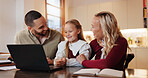 Parents, girl and smile in home on laptop with subscription for cartoons, movies or entertainment. Family, people and happy or satisfied with kid on internet or online for growth or child development