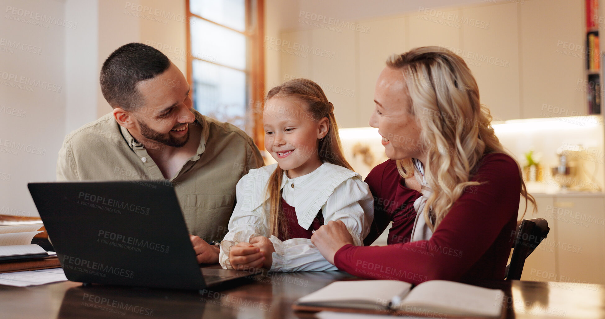 Buy stock photo Parents, girl and smile in home on laptop with subscription for cartoons, movies or entertainment. Family, people and happy or satisfied with kid on internet or online for growth or child development