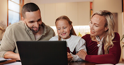 Buy stock photo Parents, daughter and smile in home on laptop with subscription for cartoons, movies or entertainment. Family, people and happiness with kid on internet or online for growth or child development