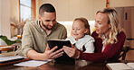 Parents, girl and happy in home on tablet with subscription for cartoons, movies or entertainment. Family, people and smile or satisfied with kid on internet or online for growth or child development