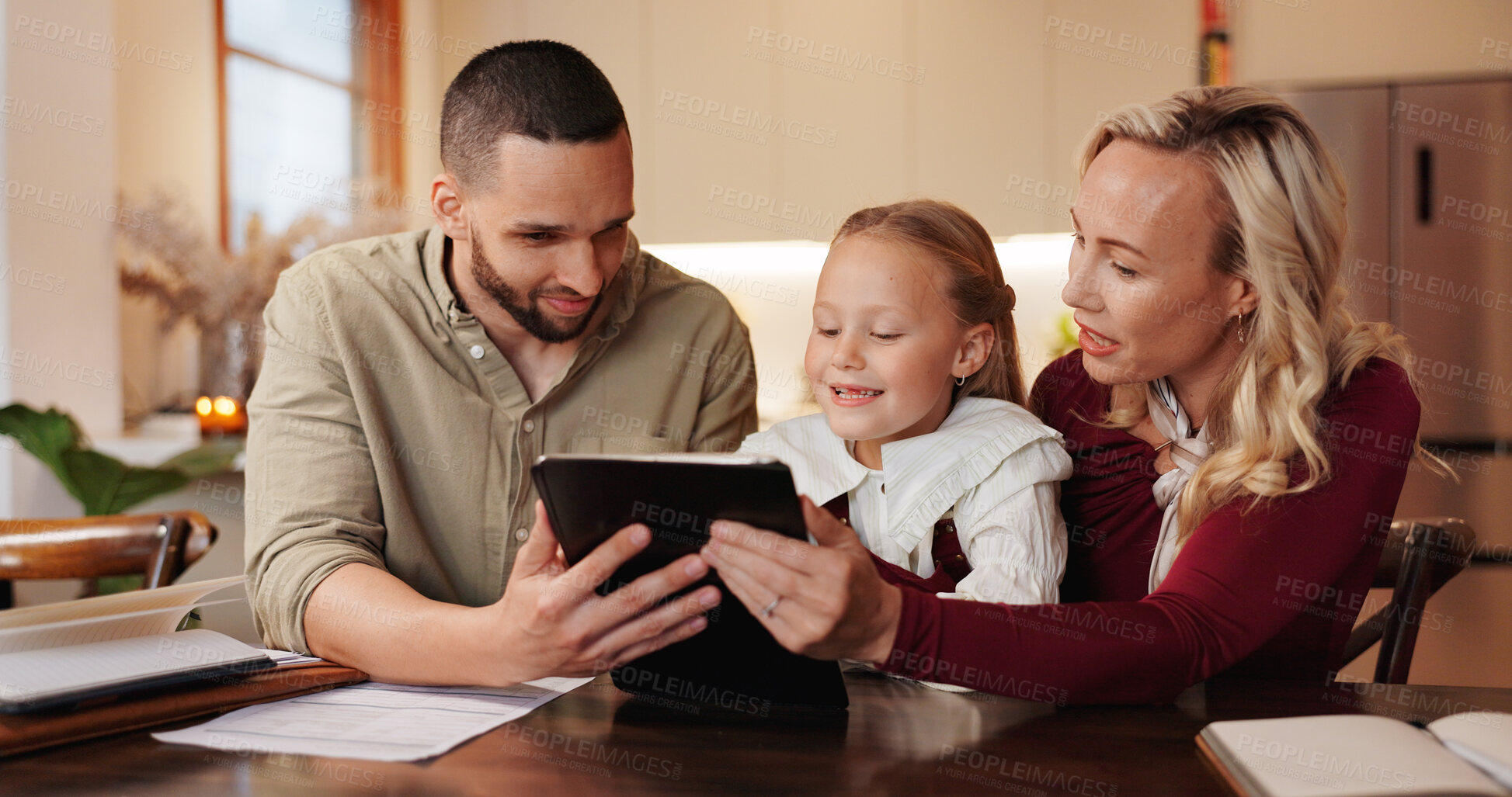 Buy stock photo Parents, girl and happy in home on tablet with subscription for cartoons, movies or entertainment. Family, people and smile or satisfied with kid on internet or online for growth or child development