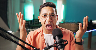 Buy stock photo Face, man and radio presenter with microphone for live broadcast, talk show and entertainment. Male person, content creator and podcast host in studio for recording audios, online and social media