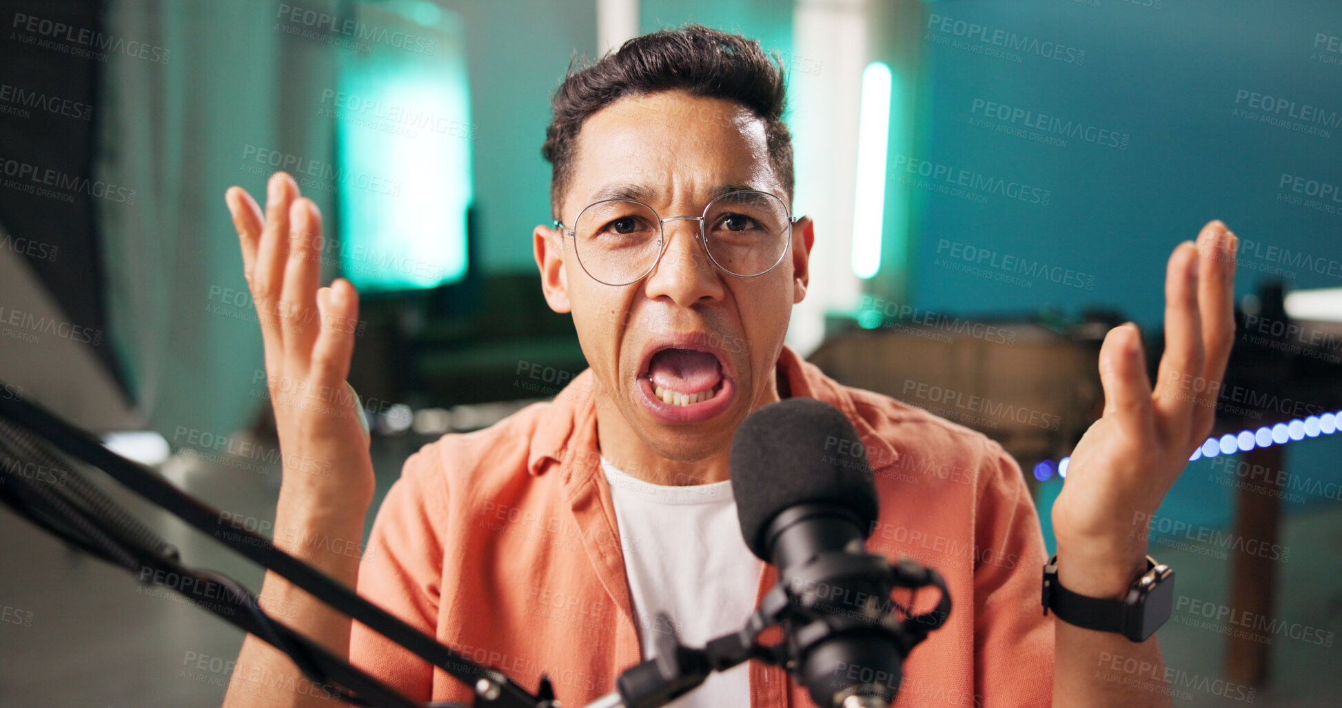 Buy stock photo Face, man and radio presenter with microphone for live broadcast, talk show and entertainment. Male person, content creator and podcast host in studio for recording audios, online and social media