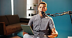 Tablet, man and radio presenter with microphone for live streaming, talk show and online discussion. Male person, content creator and conversation as podcast host in studio social media engagement