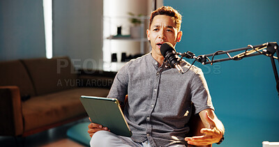 Buy stock photo Tablet, man and radio presenter with microphone for live streaming, talk show and online discussion. Male person, content creator and conversation as podcast host in studio social media engagement