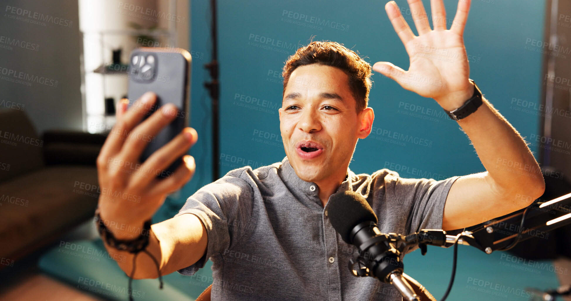 Buy stock photo Live streaming, vlog and man with microphone with digital podcast for tech advice in home recording studio. Online, influencer and content creation with broadcast, review video and social media