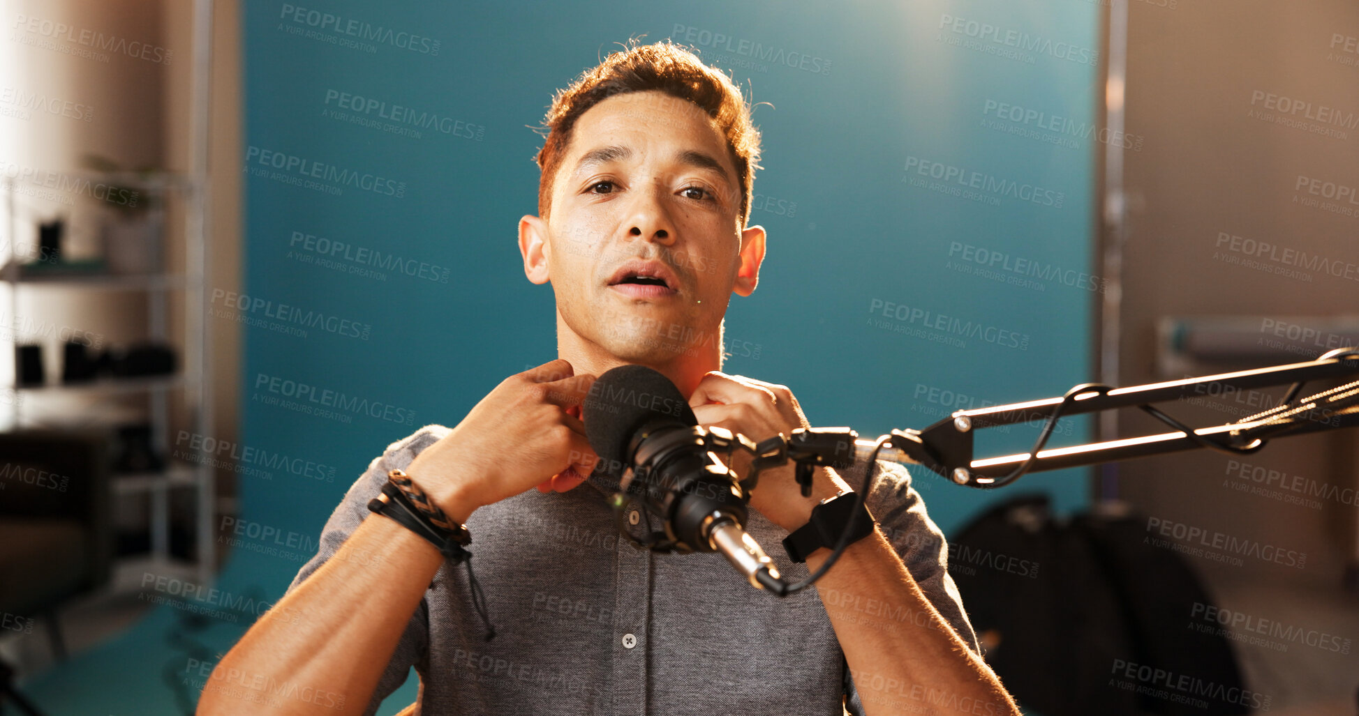 Buy stock photo Podcast, microphone and start with portrait of man for social media, product review and speaker. Content creator, live streaming and photography channel with person for influencer or feedback