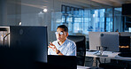Research, night and computer with business man in office for profit margin report, client review and advisory. Corporate, stakeholder proposal and online with person for investment portfolio