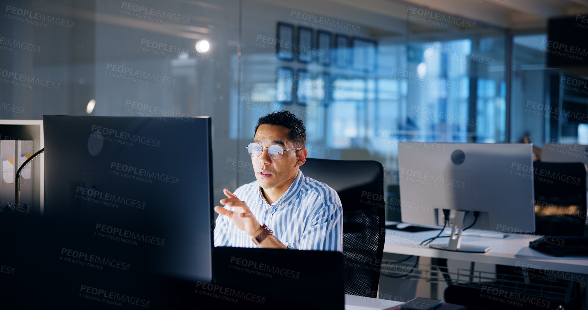 Buy stock photo Research, night and computer with business man in office for profit margin report, client review and advisory. Corporate, stakeholder proposal and online with person for investment portfolio