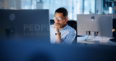 Buy stock photo Tired, night and yawning with business man and computer for deadline report, overtime and advisory. Research, fatigue and reading with person in office for investment portfolio, burnout and email