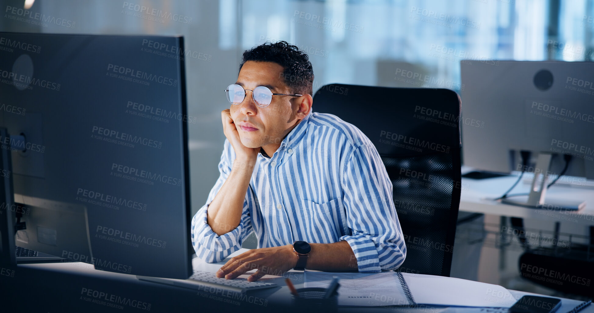 Buy stock photo Tired, night and bored with business man and computer for deadline report, overtime and advisory. Research, fatigue and reading with person in agency for investment portfolio, burnout and email