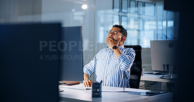 Buy stock photo Computer, deadline and yawning with business man in office at night for overtime administration. Burnout, exhausted and fatigue with tired employee at desk in workplace for late evening report