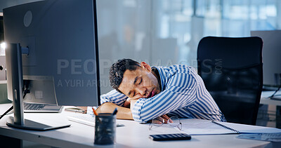 Buy stock photo Computer, deadline and sleeping with business man in office at night for overtime administration. Burnout, exhaustion and fatigue with tired employee at desk in workplace for late evening report