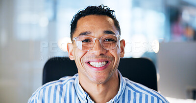 Buy stock photo Business man, portrait and smile in office with confidence from programming job at tech agency. Happy, professional and programmer at desk with glasses at data mining startup with positive employee