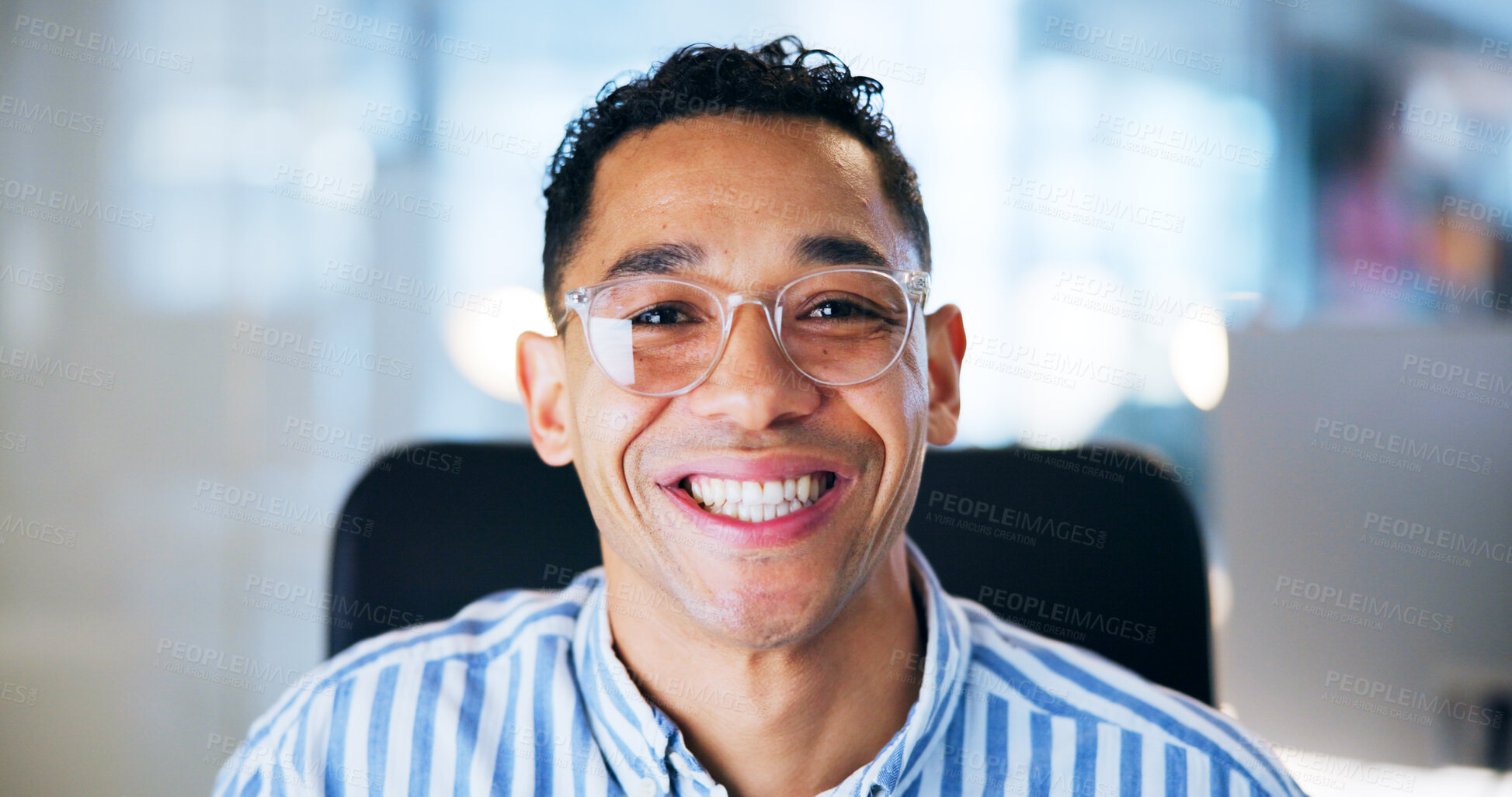 Buy stock photo Business man, portrait and smile in office with confidence from programming job at tech agency. Happy, professional and programmer at desk with glasses at data mining startup with positive employee