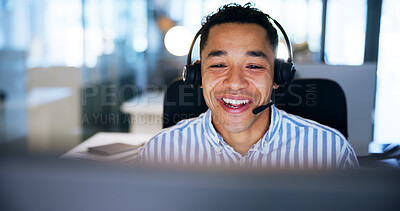 Buy stock photo Call center, smile and man with headphones, computer and internet with friendly service. Person, consultant and employee with pc, headset and customer support with telemarketing and communication