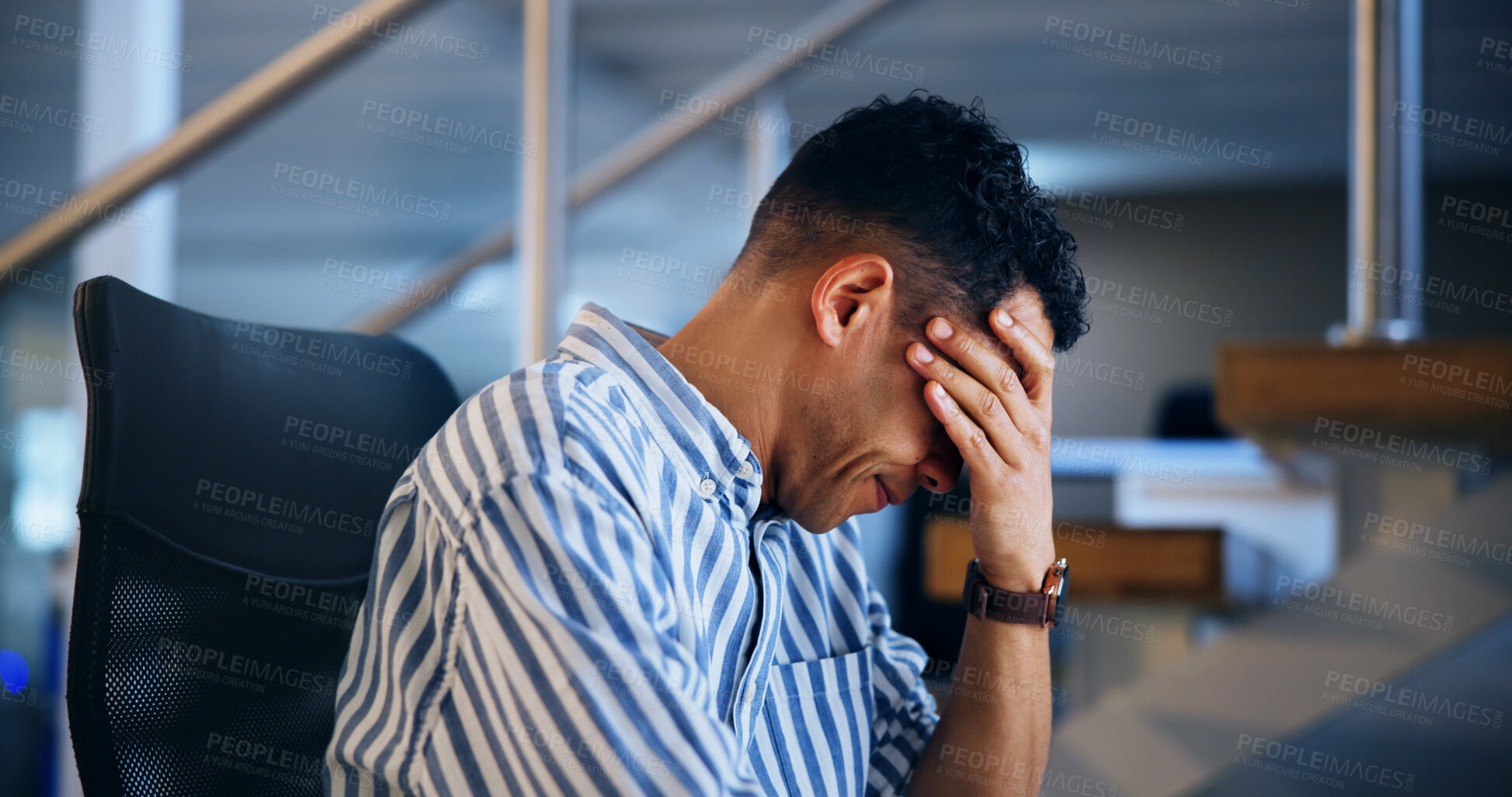 Buy stock photo Business man, tired and burnout at night for project deadline, brain fog and frustrated with overtime. Employee, fatigue and stress for late evening, mistake and mental health in office with headache