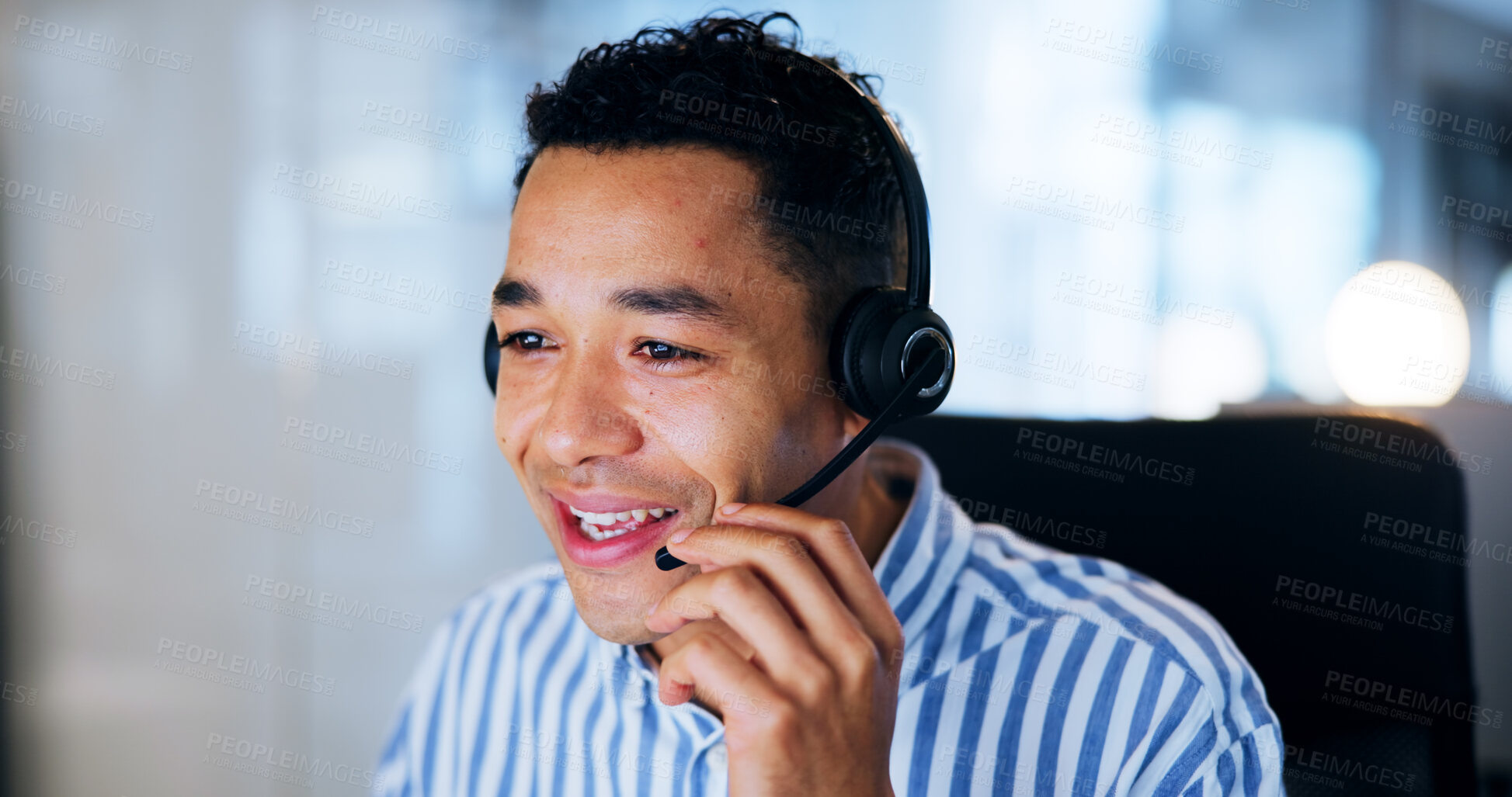 Buy stock photo Call center, telemarketing and man with headphones, computer and internet with friendly service. Person, consultant and employee with pc, headset and customer support with help desk and communication