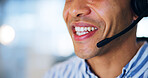 Microphone, mouth and man at call center, happy and communication at night for telemarketing in office. Person, consultant and smile with voip headset for talk, advice or tech support with contact us