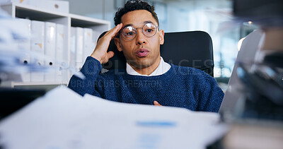 Buy stock photo Business man, stress and documents in office for project deadline, brain fog and frustrated with overtime. Employee, fatigue and overwhelmed for administration, crisis and mental health in workplace