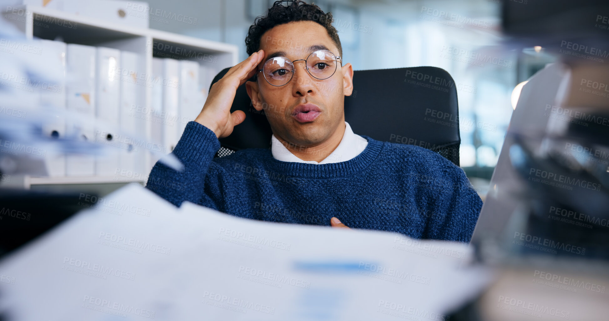 Buy stock photo Business man, stress and documents in office for project deadline, brain fog and frustrated with overtime. Employee, fatigue and overwhelmed for administration, crisis and mental health in workplace