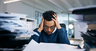 Buy stock photo Business man, anxiety and documents in office for project deadline, brain fog and frustrated with overtime. Employee, stress and overwhelmed for administration, crisis and mental health in workplace