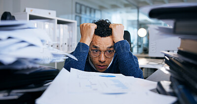 Buy stock photo Business man, stress and paperwork in office for project deadline, brain fog and frustrated with overtime. Employee, fatigue and overwhelmed for administration, crisis and mental health in workplace