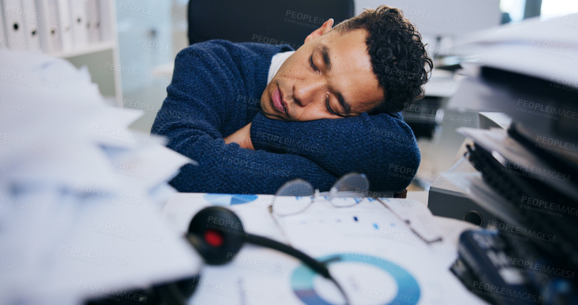 Buy stock photo Sleeping, tired and businessman by desk with documents in office with overtime project for deadline. Exhausted, fatigue and male financial planner with burnout for paperwork for investment contract
