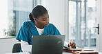 Hospital, doctor and black woman with laptop, writing and thinking with research, online reading and results. African person, medical or professional with computer, nurse and digital app with network