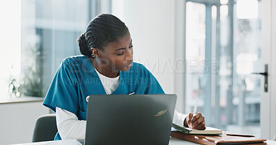 Buy stock photo Hospital, doctor and black woman with laptop, writing and thinking with research, online reading and results. African person, medical or professional with computer, nurse and digital app with network