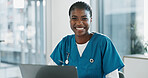 Hospital, doctor and black woman with laptop, portrait and smile with research, online results and network. African person, medical or professional with computer, nurse and digital app with pride