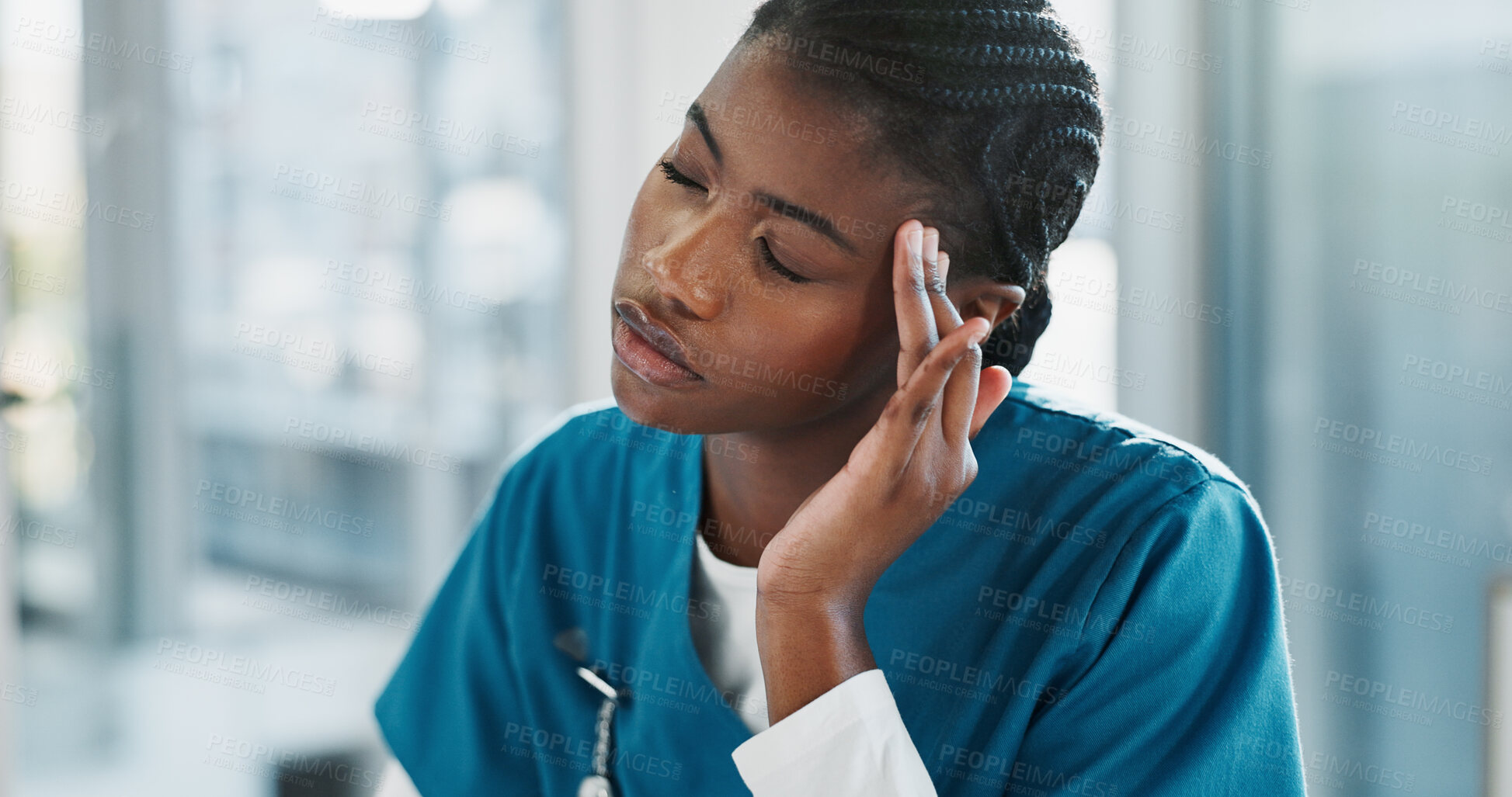 Buy stock photo Burnout, black woman and doctor in with headache at hospital with stress, sick or error at work. Fatigue, migraine and African female medical worker with exhaustion for shift at healthcare clinic.