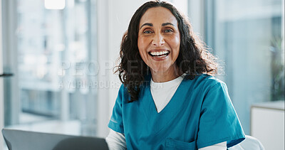 Buy stock photo Portrait, doctor and mature woman with laptop, smile or hospital with research, online results or network. Person, medical or professional with computer, nurse or app with internet or career ambition