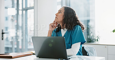 Buy stock photo Hospital, doctor and woman with laptop, thinking and ideas with research, problem solving and choice. Person, medical or professional with pc, surgeon or solution with decision for surgery planning