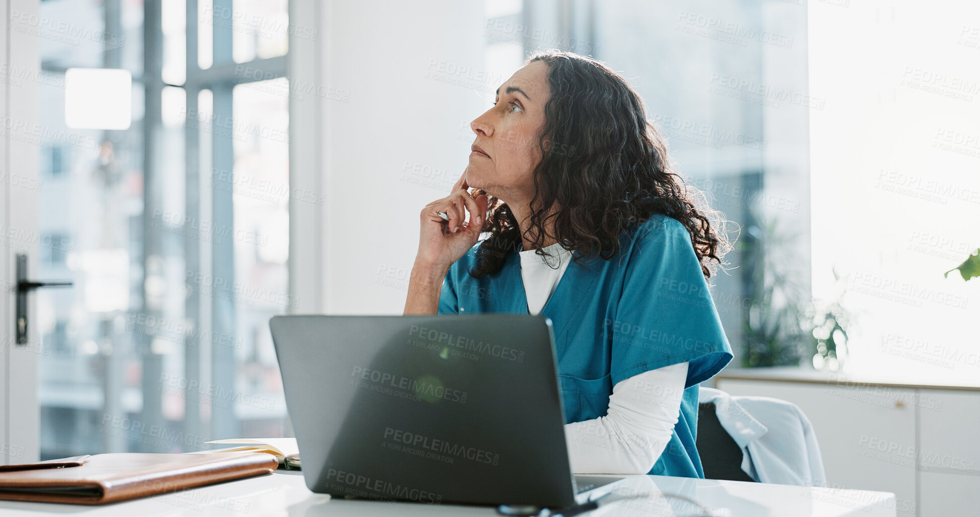 Buy stock photo Hospital, doctor and woman with laptop, thinking and ideas with research, problem solving and choice. Person, medical or professional with pc, surgeon or solution with decision for surgery planning