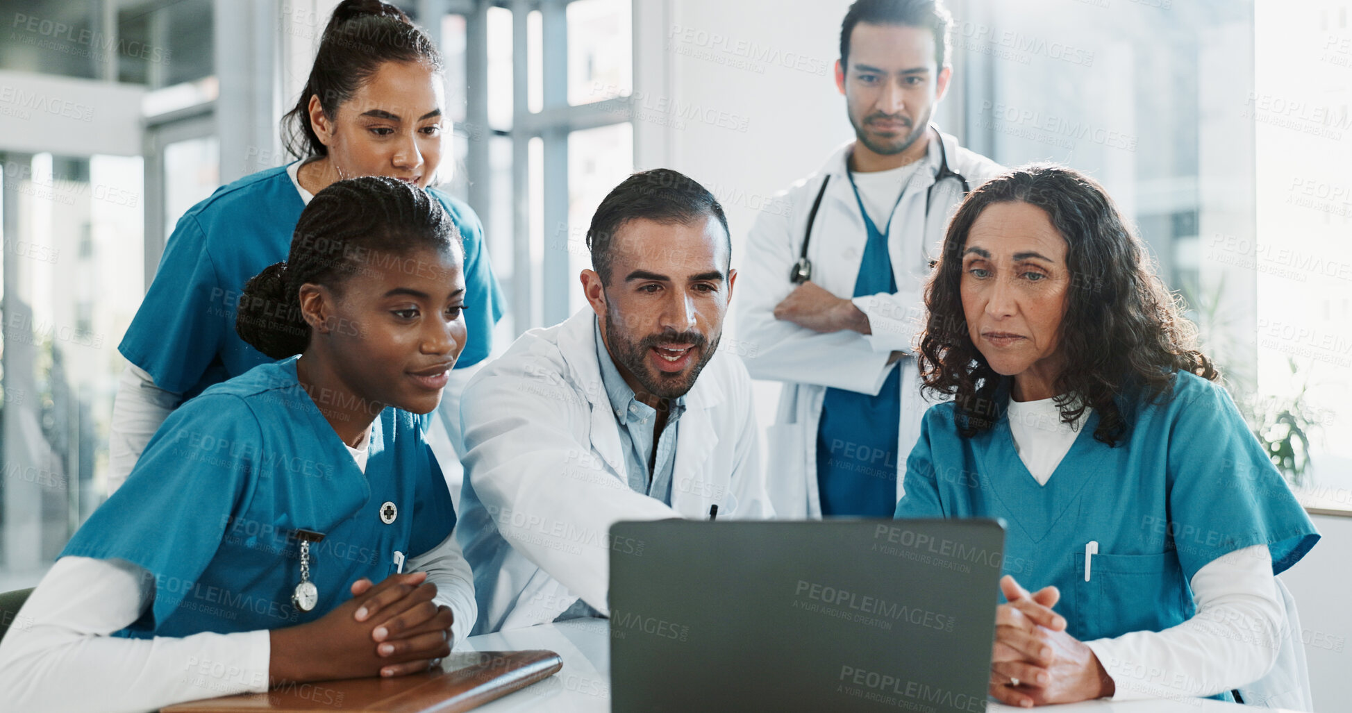 Buy stock photo Doctor, team or laptop with discussion in clinic for healthcare treatment innovation or IRB approval report. Diversity, nurse or medical staff in hospital boardroom with technology for patient record