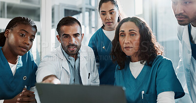 Buy stock photo Medical, team and laptop with meeting in clinic for healthcare treatment innovation and IRB approval report. Diversity, nurse and doctor staff in hospital boardroom with discussion of patient record