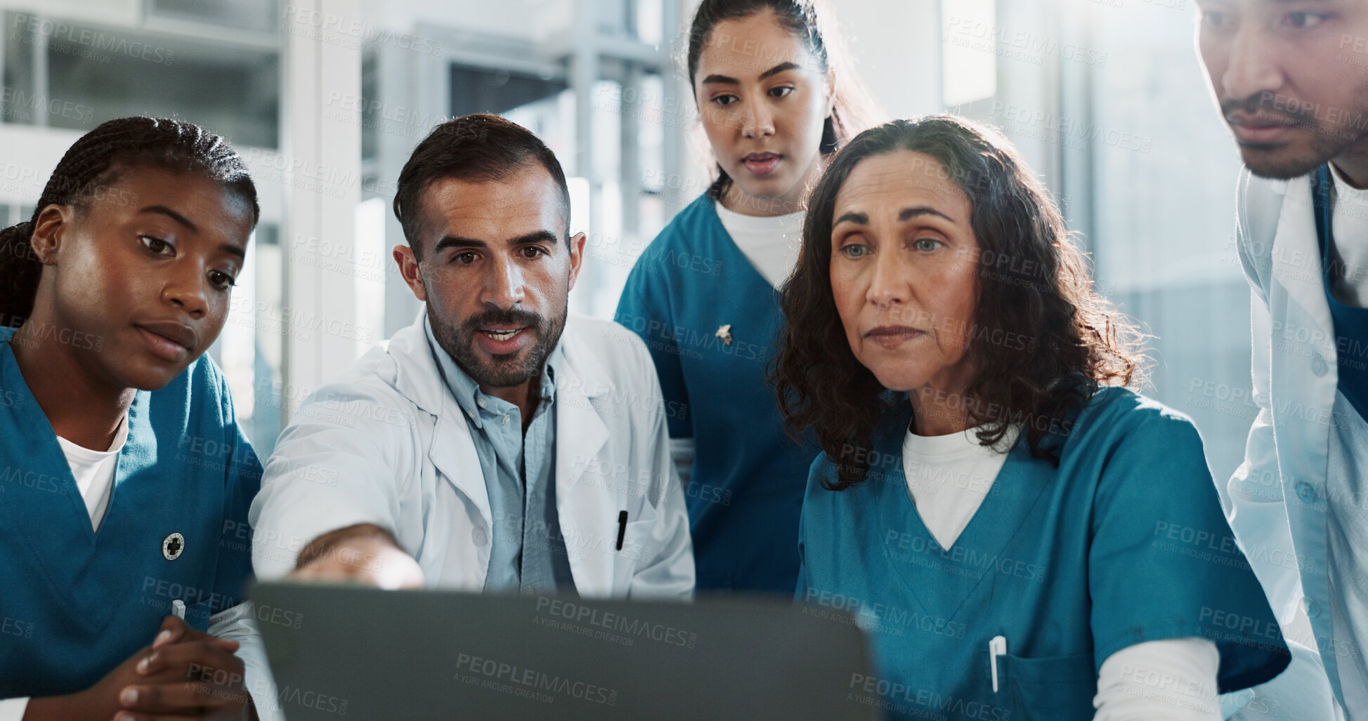 Buy stock photo Medical, team and laptop with meeting in clinic for healthcare treatment innovation and IRB approval report. Diversity, nurse and doctor staff in hospital boardroom with discussion of patient record