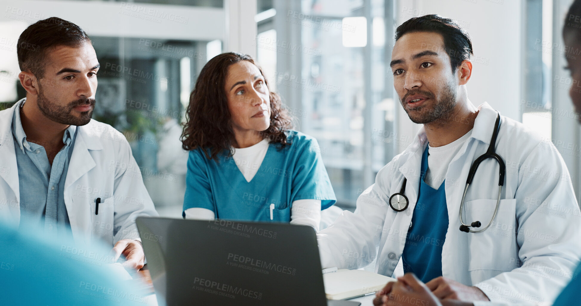 Buy stock photo Doctor, team or laptop with discussion in hospital for healthcare treatment innovation or IRB approval report. Diversity, nurse or medical staff in clinic boardroom with technology for patient record