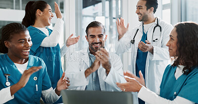 Buy stock photo Smile, doctor and laptop with applause in hospital for medical success, celebration and promotion news. Happy, people and clapping with online email, healthcare winner and  congratulations of funding